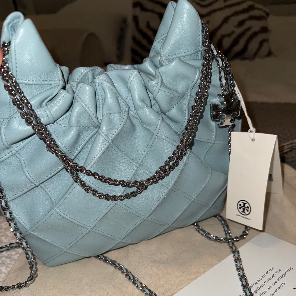 Tory Burch Mini Fleming Quilted Leather Hobo Bag (Mist)